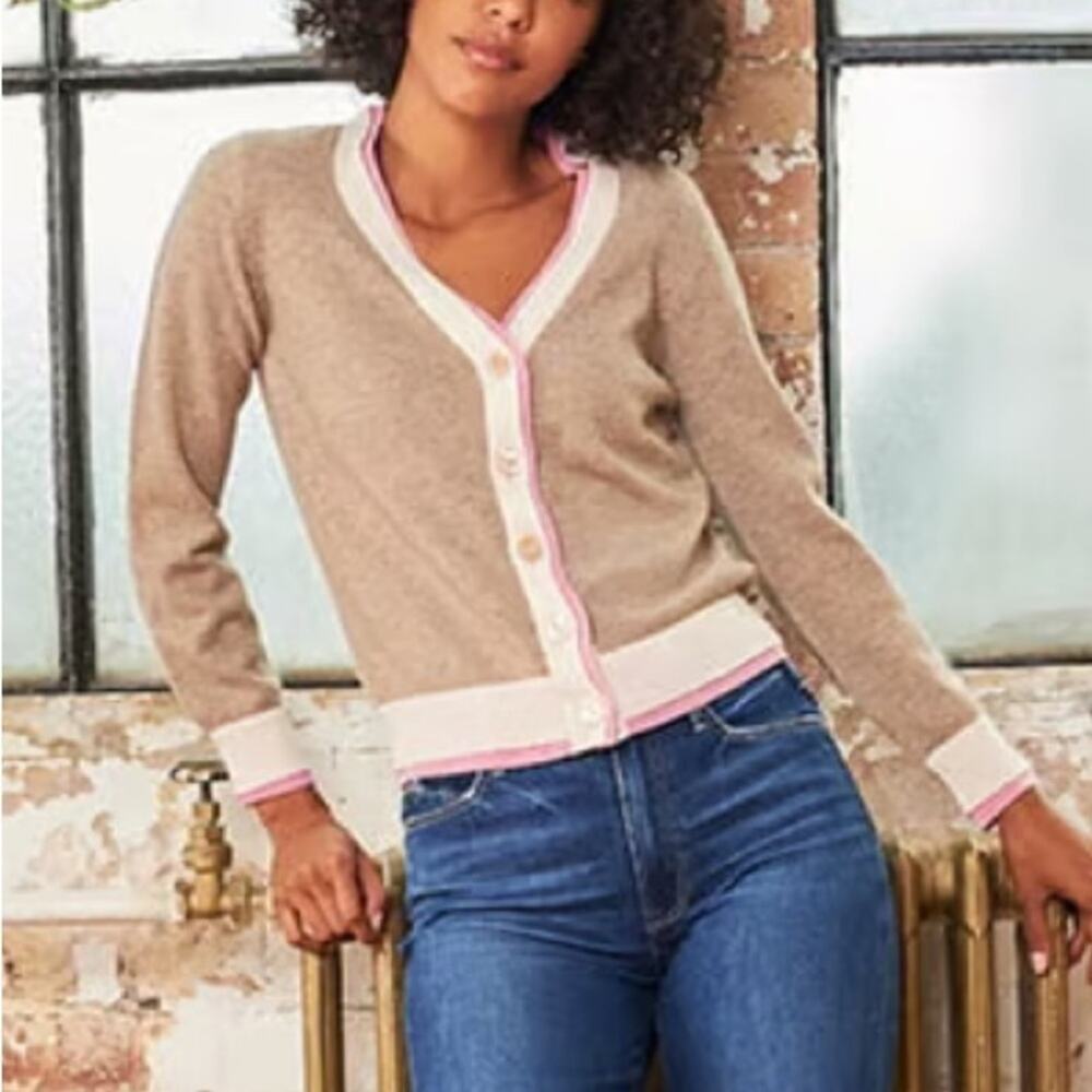 Jumper 1234 Cashmere Beige Pink Double Trim Shell Button Down Cardigan 1 XS S